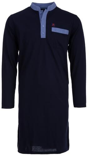 Henry Terre Nachthemd Herren Langarm - Stehkragen Unifarben Brusttasche Knopfleiste Größe M-3XL, Farbe:Navy, Größe:XXL