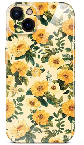 ONEFLOW Flower Cover für iPhone 15 Hülle in Floral Optik, Blumen Designer Case Handy Schutzhülle mit Kameraschutz, Hardcase dünne Handyhülle Blumenmuster, Gelb Grün