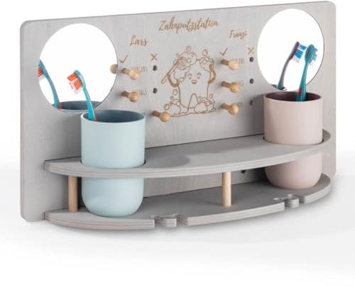 INEXTERIOR – ZahnZauber Zahnputzstation Doppel für Kinder Grau personalisierbar - Zahnputz Aufbewahrungsstation für selbstständiges Zähneputzen - Mit Zahnputzbecher, Sanduhr, Handtuchhalter & Spiegel
