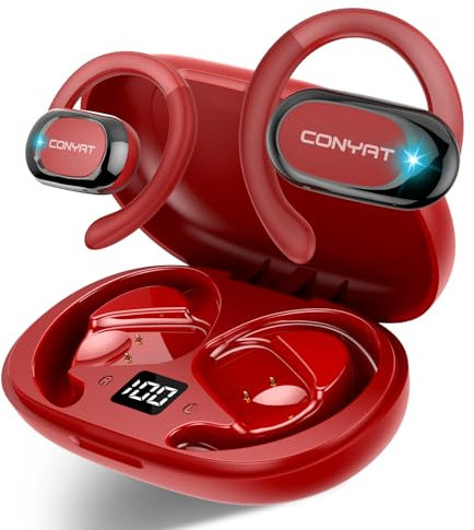 Conyat Auriculares Oreja Abierta, 58H Auriculares Deportivos Bluetooth 5.4, HiFi Estéreo Cascos Inalámbricos, Ganchos Giratorios para Orejas, Llamada ENC, IPX7 Impermeable para Fitness Correr, Rojo