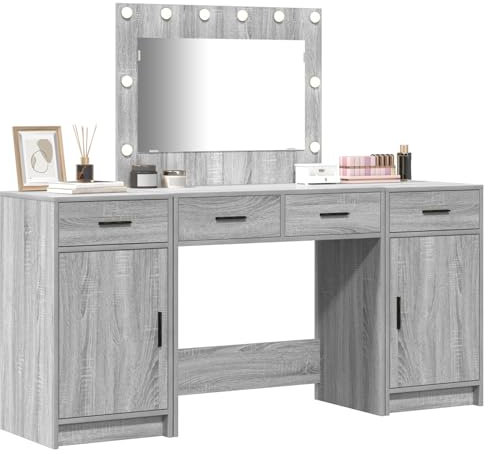 vidaXL grey dressing table set with drawers & mirror - gray sonoma finish grooming desk with integrated led lights & storage - particle board/mdf bedroom vanity table set