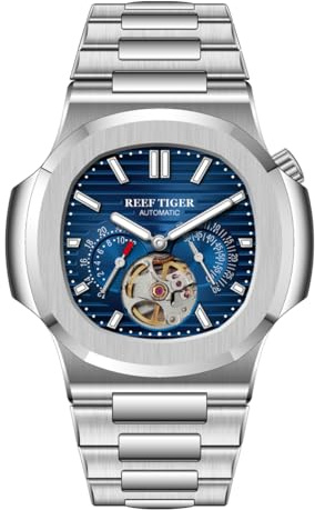 REEF TIGER RGA20S7 Herren-Armbanduhr, modisch, quadratisch, Roségold, Kristall, mechanisch, 24-Stunden-Tourbillon, wasserdicht, Automatik-Armbanduhr, RGA20S7