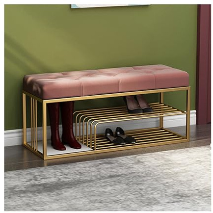 Schuhablage Bank 3-stöckig Eingang Flur Schuhregal mit Samt Sitzkissen Polsterdesign Gold Metallrahmen