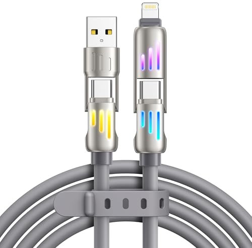 RAVIAD 4 in 1 Multi Charger Cable 3M [240W] with RGB LED Light, Multi USB Fast Charging Cable USBC/USBA to Lightning, USBC/USBA to Type C for iPhone 16/15/14, Samsung S24, Huawei, Pad, MacBook