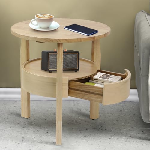 FinityPro Round Coffee Table with Hidden Drawer - 20 D x 20 H Real Oak Wood Side Table with Storage, 2-Tier Round End Table for Sofa, Small Circle Coffee Table with Drawer for Living Room, Beige