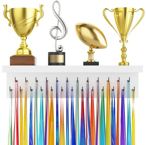 D.S.Exthefic Medaillenhalter und Pokal Organisator Ständer, Trophäen Wandhalterung aus Holz mit 25 Stahlhaken, Auszeichnung Aufbewahrungsregal für Sportbegeisterte, Weiß mit Schwarzem Haken