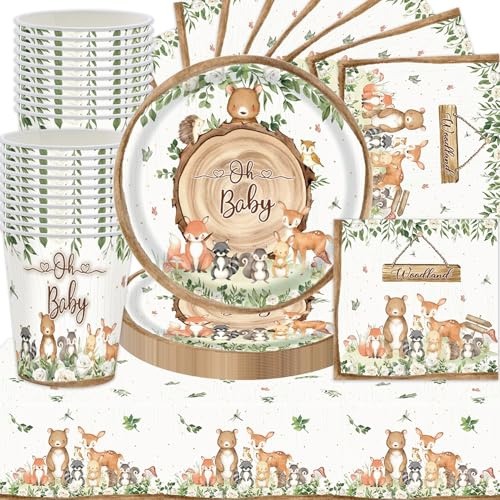 Woodland Tier Geburtstag Party Geschirr Set, 61Stk Dschungel Tier Party Dekorationen Zubehör, Wildes Tier Teller Servietten Tassen Tischdecken, Baby Dusche, Kindergeburtstag Themen