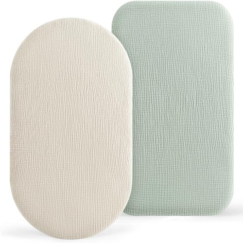 Susurration Musselin Stubenwagen Spannbettlaken 2er Set,100% Baumwolle Bettlaken Kinderwagen Matratzenschoner Spannbettlaken für Kinderwagen 90x50cm (Creme Salbei, 90x50cm)