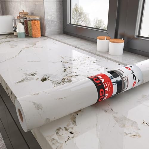 Decotalk Klebefolie Küche Arbeitsplatte Marmor Weiß 90X500cm Möbelfolie Weiß Folie für Möbel Arbeitsplatte Folie Küche Marmoroptik Tapete Selbstklebend Marmor Küchenfolie Küchentapete Abwaschbar