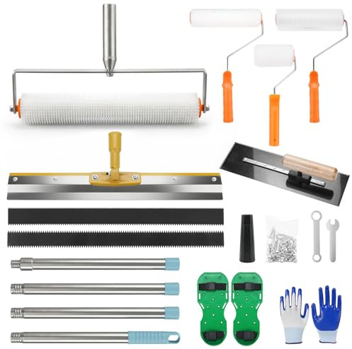 Spiked Roller Self Levelling Tools, Self Levelling Cement Tool Kit | with Extension Pole, Epoxy Floor Leveling Construction Tool Roller, Scraper, Trowel, Spike Shoes, Paint Rollers
