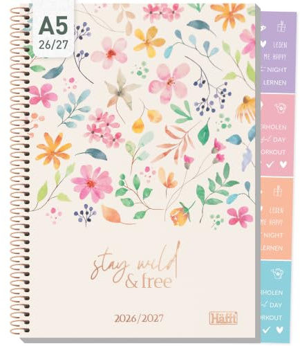 Häfft College-Timer Schülerkalender 2026 2027 A5 Wild Blossoms | Mit Goldprägung & Stickern - Schulplaner 26/27 im Pastell-Look für Schule & Uni, Hausaufgabenheft mit Spiralbindung