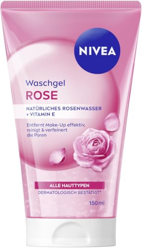 NIVEA Rose Pflegendes Waschgel, erfrischende Gesichtsreinigung mit natürlichem Rosenwasser und Vitamin E, Reinigungsgel entfernt Make-Up, Schmutz und LSF (150 ml)