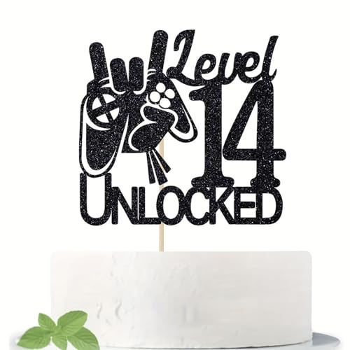 14th Birthday Decorations - Game Theme Glitter Cake Topper for Teens - Non-Edible Party Cake Decor with Unlocked 14 Level Design