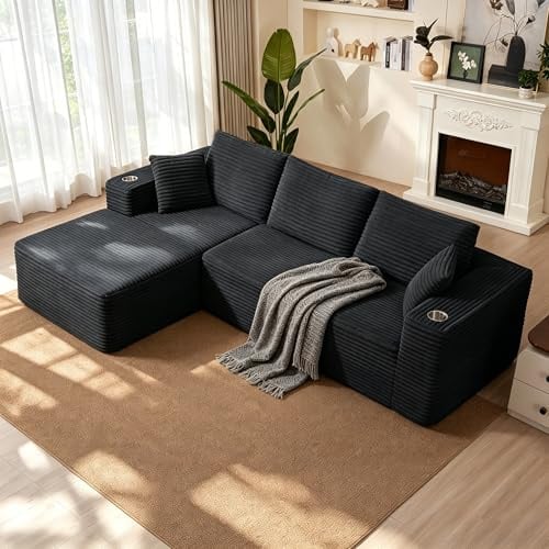 Quantaglide Ecksofa 103/261cm Modulares Sofa, 3-Sitzer Boneless Cloud Couch L-förmiges Schlafsofa mit Chaiselongue, Tiefes Sitzsofa für Wohnzimmer Schlafzimmer, Keine Montage Erforderlich, Schwarz