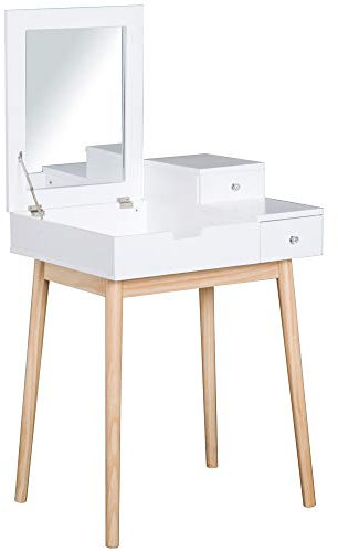 HOMCOM Schminktisch Frisiertisch Kosmetiktisch mit aufklappbarem Spiegel Holzfüße Weiß+Natur 60 x 50 x 85,5cm