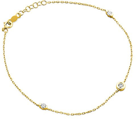 OROVI Schmuck Damen 0,14 Ct Diamant– Armband Gold mit Anhänger 3 natürlichen Diamanten im Brillantschliff in einer Zargenfassung Zeitlose klassische Armkette aus Gelbgold 9 Karat (375), 18 cm lang