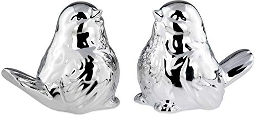 Deko-Vögel Figurenset 2-teilig - silberfarbene Spatzen aus Porzellan, glänzend galvanisiert, elegante Frühlingsdeko & Geschenkidee