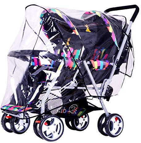 Universal Tandem Stroller Raincover Twins Strollers Double Pushchairs rain Cover for Pram Buggy Rainproof Dustproof Windproof Rain Cover with Canopy and Zipper Door
