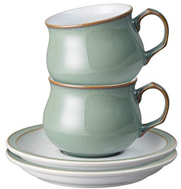 Denby - Regency Green Tea Cup and Saucer Set of 2 - 200ml Stoneware Ceramic Coffee Mug and Saucer Set - Tea Party Set - Dishwasher Safe, Microwave Safe - Green, White - Chip Resistant