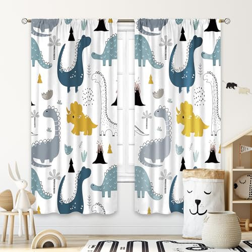 Cinbloo Kinder-Dinosaurier-Vorhänge, 106 x 160 cm (B x L), Stangentasche, Cartoon-Dino, Baby, Jungen, Schlafzimmer, Dekoration, Kinderzimmer, niedlich, marineblau, Safari, Tierkunst, bedruckt,