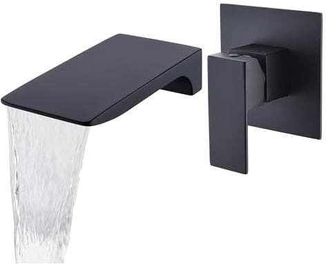 LIWElKE Unterputz Waschtischarmatur, Schwarz Matt Wasserhahn Wasserfall Wandmontage 2 Loch Wandarmatur Schwarz mit Einfachem Griff und groBem Auslauf