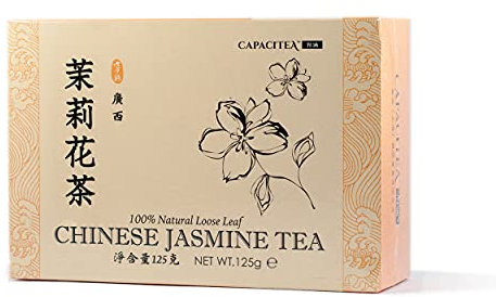 CAPACITEA Boxed Loose Leaf Chinese Green Tea Flavoured with Jasmine Flowers, Fujian Sunflower Tea, Jasmine, 125 gram