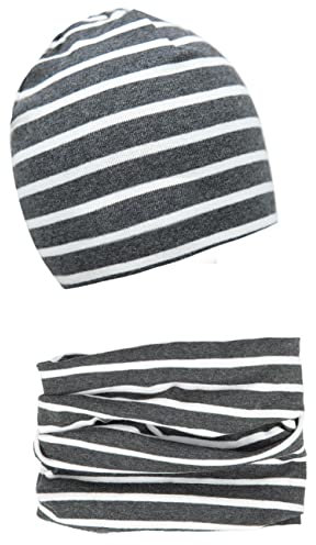 Foruhoo Baby Mädchen Beanie Mütze + Schlauchschal 2er Set, Wintermütze für Jungen Mädchen Baumwolle (53L und 49-53, Baumwolle Set: Grau Streifen)