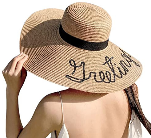 Chapeau de paille à large bord pour femme - Pliable - Avec broderie tendance pour voyage, plage, vacances - Kaki
