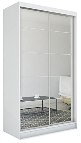 MEBLINI Kleiderschrank mit Spiegel, 2 Türen - Schwebetürenschrank mit Kleiderstange - Schlafzimmerschrank mit Einlegeböden - Wardrobe Closet - Flores - 150 cm - Weiß + Spiegel