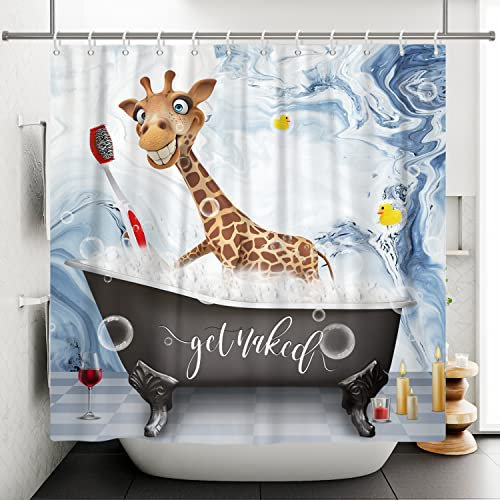 SDOTPMT 180x198cm Duschvorhang Komisch Karikatur Giraffe Duschen Süß Wild Tier Badevorhang Marmor Luxus Textur Badewannenvorhang für Badezimmer Polyester mit Haken