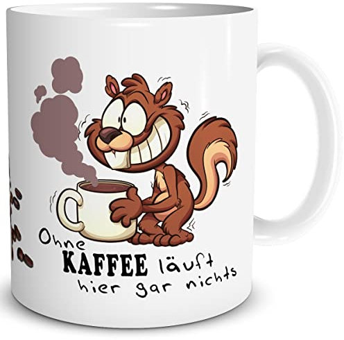 TRIOSK Tasse Eichhörnchen mit Kaffee Spruch lustig Kaffee Läuft Geschenk für Arbeit Büro Kollegen Frauen Männer Kaffeeliebhaber Weiß, Keramik 300ml