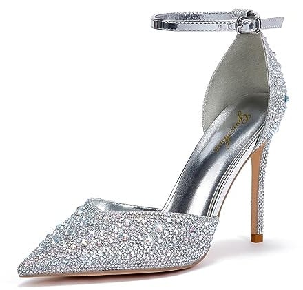 Zhabtuc Silber Strass Pumps für Damen Glitzer Knöchelriemen Stiletto Heels 10 cm/3,94 Inches Funkelnde Spitze Absatzschuhe Party Hochzeit Heels Brautschuhe Glänzende Stöckelschuhe, 40 EU