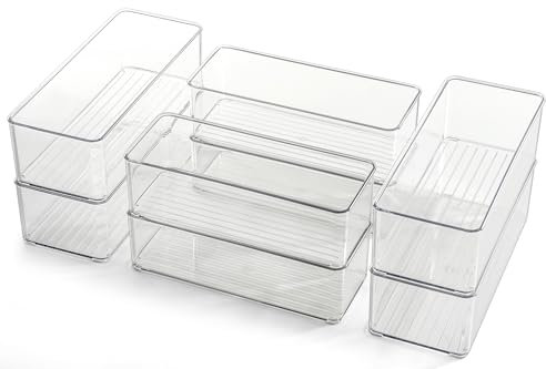 Set di 8 organizer per cassetti in plastica trasparente, impilabili per posate, utensili da cucina, trucchi, organizer per cassetti del bagno, 2 misure