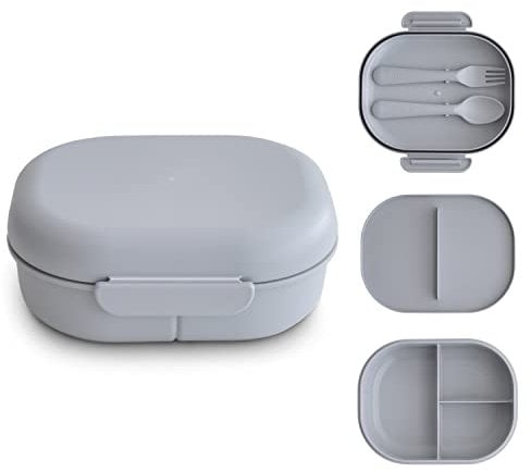mushie Lunchbox Kinder Brotdose Vesperdose für Kindergarten und Schule | Trennwand & Fächern mit verschließbaren Deckel | Mit Besteck Gabel und Löffel (Cloud)