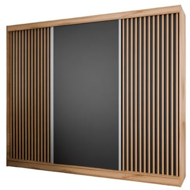 Margaret Hadas24 Kleiderschrank Lili mit Lamellenohne Spiegel Organizer, Mehrzweckschrank, Schwebetürenschrank, Garderobenschrank, Kleiderstange, Kleiderständer, Schrank 250 cm, braun, schwarz,