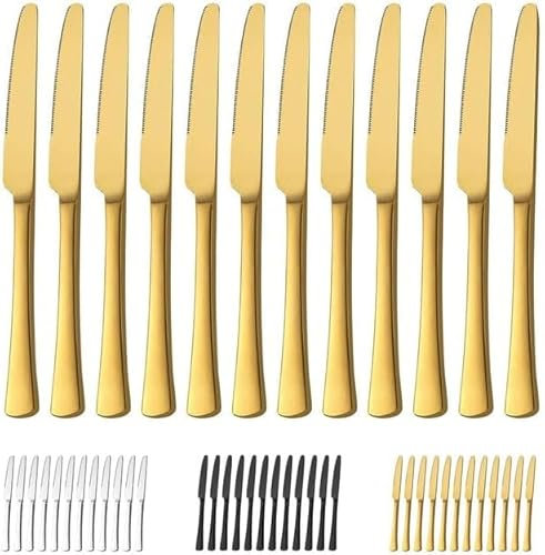 Bestdin Set di coltelli per la cena 12 pezzi, 23,8 cm (9,37 pollici), Coltello da burro in acciaio inox, Coltello per posate lucidato a specchio, lavabile in lavastoviglie, Oro