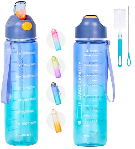 QCQHDU 1 Litre Sports Water Bottles, Large Capacity Time Maker Water Bottle, Plastic Leakproof Durable Drink Bottle for Sports, Gym, Fitness, Cycling, Travel, School and Office (Blue)