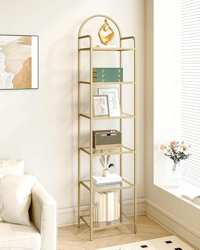 Hzuaneri Regal, Bücherregal aus gehärtetem Glas, schlankes Regal für Schlafzimmer, Badezimmer, Heimbüro, Stahlrahmen, 6 Ablagen Gold BC10601G