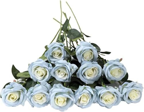 Laelfe 12 Pcs Rose Blu Finte per Decorazioni, Bouquet Fiori Finti di Rosa con Steli Lunghi, Rose Artificiale per Composizioni di Nozze Casa Giardino Partito Decorazioni Floreali (Blu Ghiaccio)