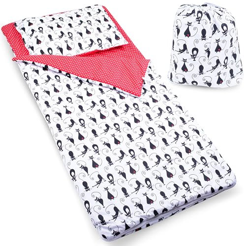 PinkZebra Schlafsack Kinder 140 x 75 cm + Kissenbezug 60 x 40 cm & Beutel, Indoor für Kindertagesstätte Kindergarten Deckenschlafsack, 3-8 Jahre (bis 135 cm Kindergröße), Öko-Tex, Katze