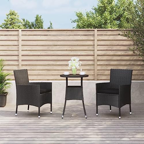 QJBSAVVA 3-TLG Garten-Bistro-Set, Gästebett Eckbankgruppe Gartenmöbel Set Balkon Tisch Geeignet für Speisesaal Café Strand Garten mit Kissen Schwarz Poly Rattan