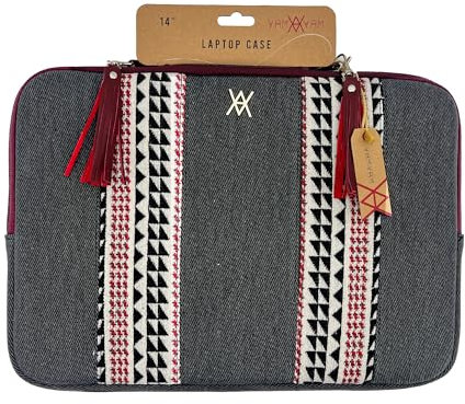 WONDEE Maletín Funda Portátil 13 a 14 pulgadas con Franja Decorativa de Tela Bordada Estilo Étnico - Funda para Ordenador Portátil Macbook Pro y Air 13/14 pulgadas Acolchada y Reforzada con Cremallera