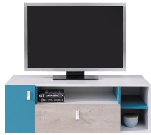 Lomadox Jugendzimmer Lowboard Fernsehschrank 120cm in weiß Eiche blau