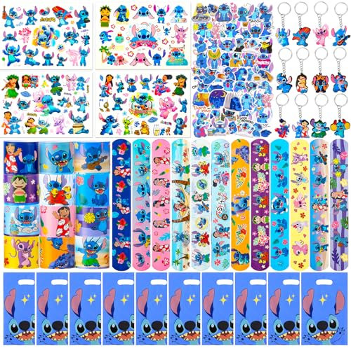 Heartsking 88 Pcs Party Bag Fillers for Kids, Pinata Birthday Party Decorations 12 Slap Bands 12 Key Rings 50 Stickers 10 Party Bags 4 Tattoos Stickers Theme Birthday Party Gifts for Boys Girls Kids