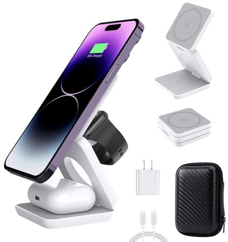 Edamon™ - Clean Desk Wireless Charger, 3 in 1 Edamon Wireless Charger, Multi-Function Foldable Magnetic Wireless Desk Charger, for iPhone, for Apple Watch, for Airpods (White)
