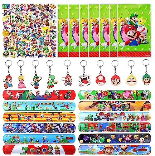 XLZJYIJ Cadeau Anniversaire Enfants Invites, 132 Pièces Jouets Assortiment Accessoire Gadgets Set avec Slap Bracelets, Autocollants,Sacs de Fête, Porte-Clés pour Cadeau Fournitures Garçon Fille