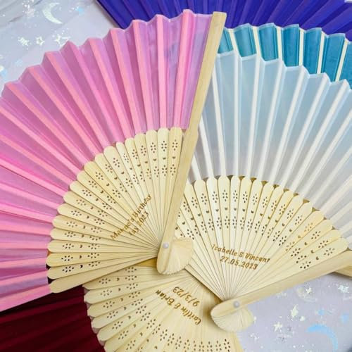 30/50/80/100PCS Personalised Fans for Wedding,Personalized Wedding Handmade Silk Fan, Wedding Fans for Guests,Personalised Fan, Custom Wedding Gift,Hand Fan Party Favor(50pcs)