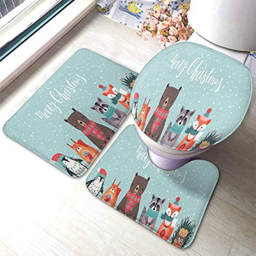 rutschfeste 3 Badteppich Set Weihnachtstiere: Bär, Fuchs, Waschbär, Igel, Pinguin Und Eichhörnchen Badematte 3-TLG Wasserabsorbierend Weiche Badgarnitur Badematten, Für Badezimmer, Spa