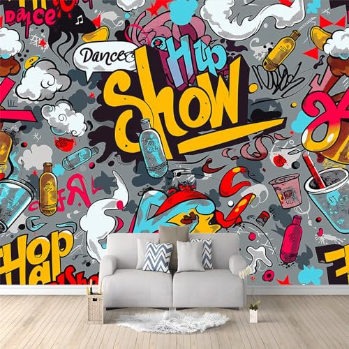 3D Effect Non-Woven Wallpaper - Graffiti-Hip-Hop-Tanzshow Muster - UV-Resistant, 200 x 140 cm Cartoon-Graffiti-Straßenkunst Tapete- for Living Room TV Background Fototapete
