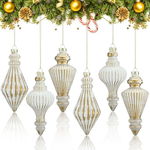 6 Stück 14,5 cm Glas-Endstücke, rustikale Endstücke, Vintage-Ornamente, Weiß und Gold, Weihnachtsdekoration zum Aufhängen, Weihnachtsbaumschmuck für Urlaub, Bauernhaus, Weihnachtsbaum, Heimdekoration